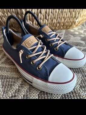 CONVERSE ALL-STAR SHORELINE Slip On Shoes Womens Sz 8 Navy Blue Tan Laces